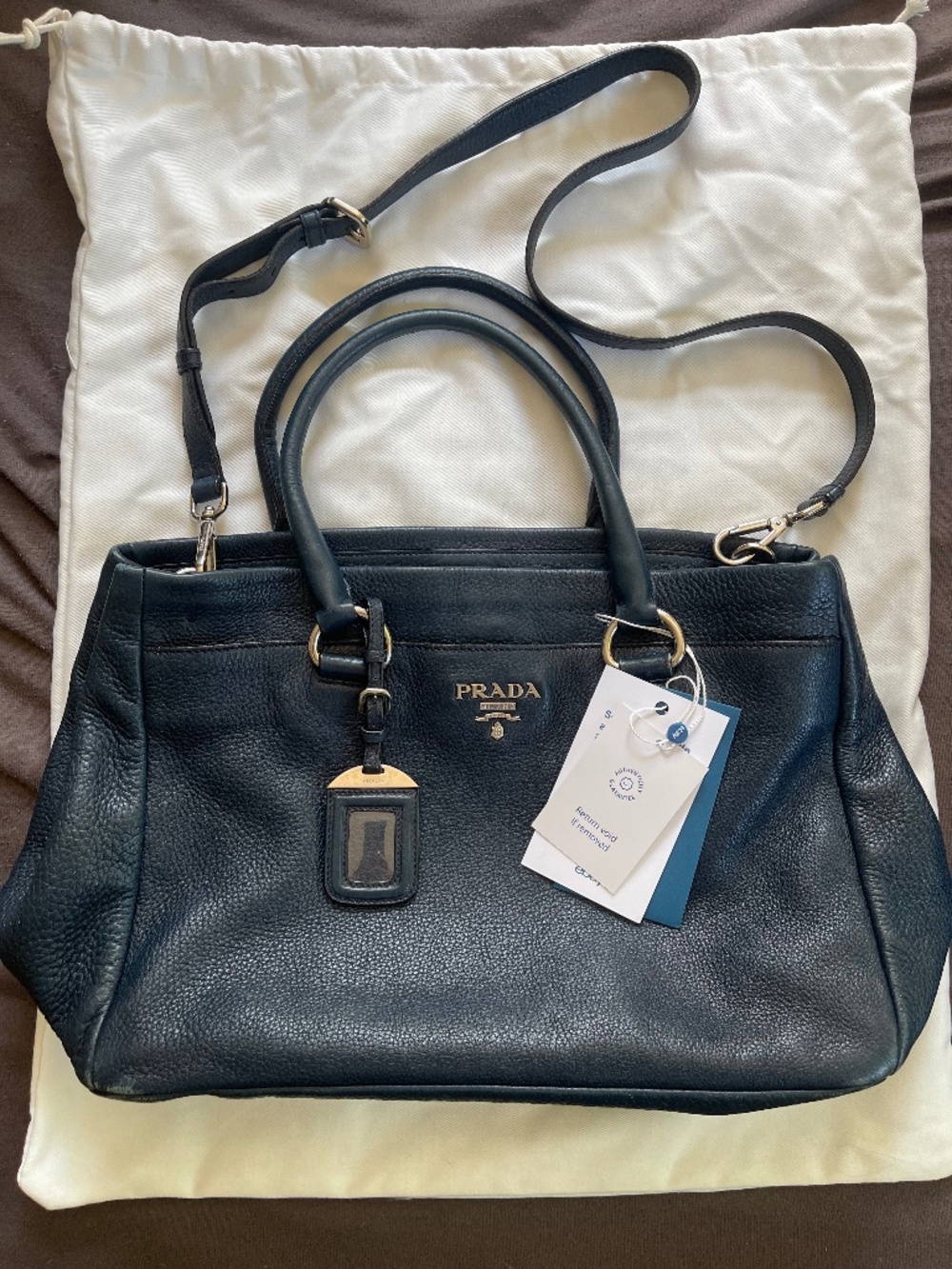 Genuine Prada Vitello Daino blue leather shoulder bag with silver hardware